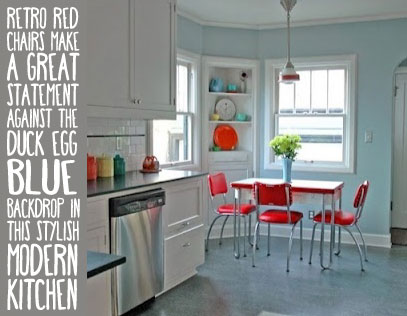 Modern Duck Egg Blue Kitchen with Red Chairs
